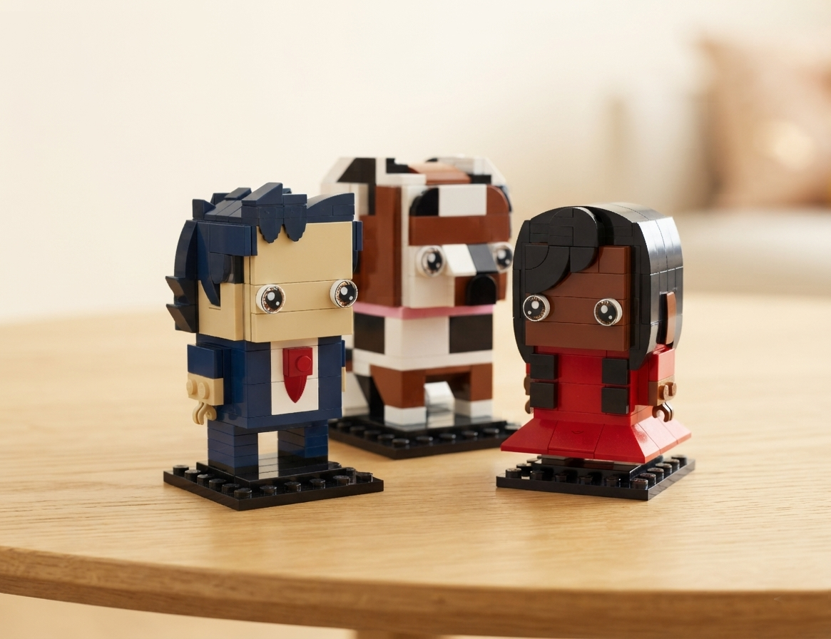 Trio de figurines personnalisées en briques, photo produit