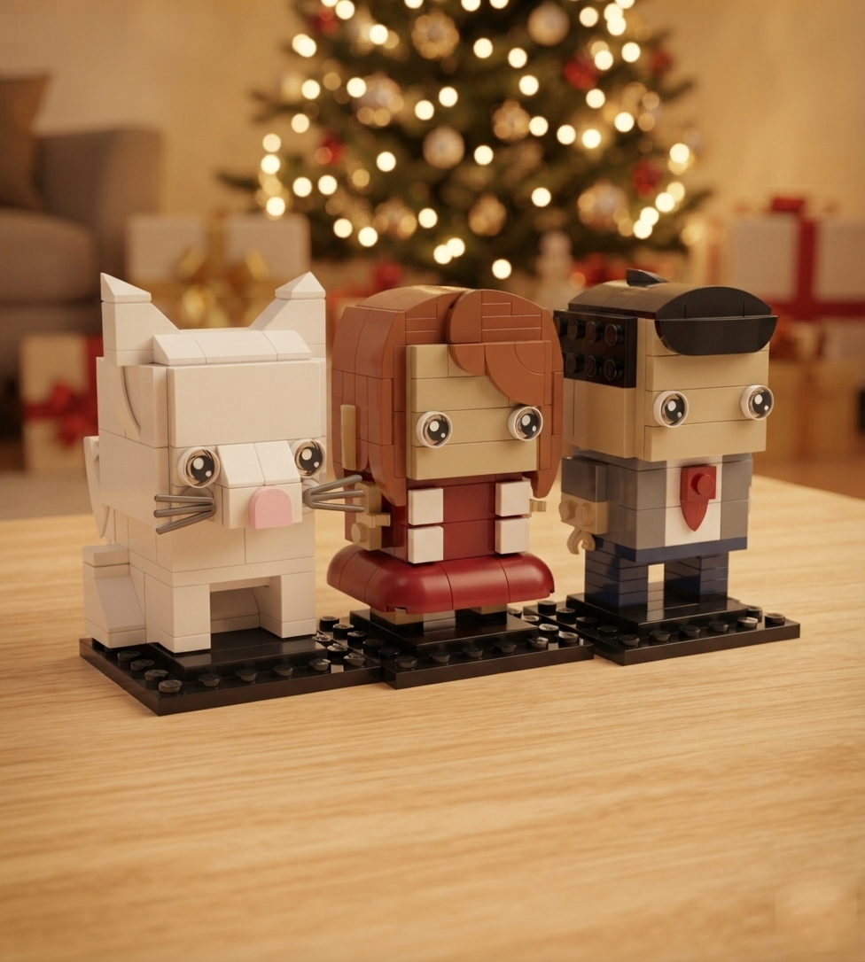 Figurines personnalisées en briques : famille et animal, ambiance Noël